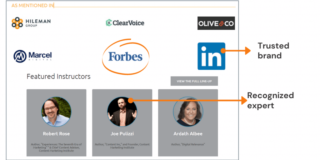 showing trusted brand and experts on landing page